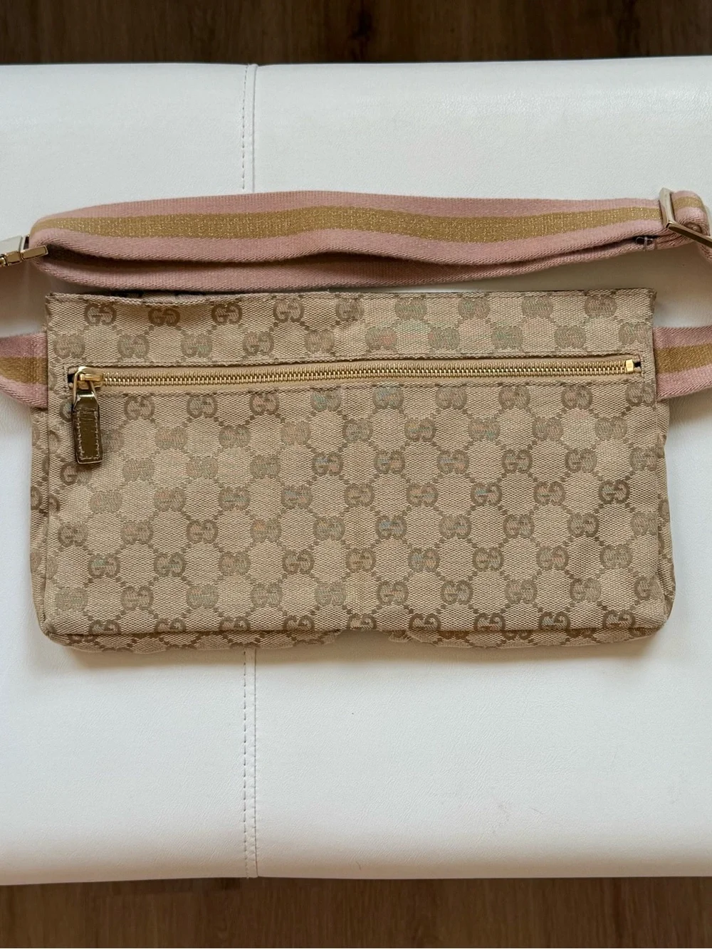 Genuine Gucci Pink and Gold GG Canvas Wristlet Clutch